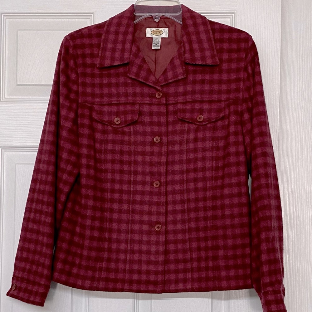 Talbots Cranberry Red Checked Wool Blend Shirt Jacket Shacket Sz 10
